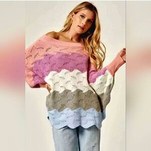 Andree By Unit Multicolor Open Knit Sweater Scallop Dolman Sleeves Sz S Small NW